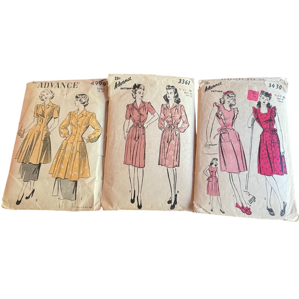 Vintage 1940s Original INCOMPLETE Advance Dress Patterns Various Sizes WW2 Era